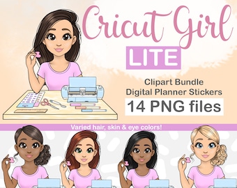 May include: A digital clipart bundle of 14 PNG files featuring a girl using a Cricut machine. The girl has different hair, skin, and eye colors. The text "Cricut Girl LITE" is displayed above the girl. The text "Clipart Bundle Digital Planner Stickers 14 PNG files" is displayed below the girl. The text "Varied hair, skin & eye colors!" is displayed below the clipart.