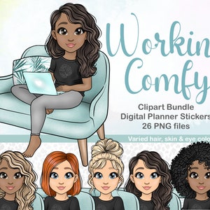 Może przedstawiać: Pakiet cyfrowych grafik clipart składający się z 26 plików PNG z ilustracjami kobiet pracujących w domu w komfortowym otoczeniu. Ilustracje przedstawiają różne kolory włosów, skóry i oczu. Tekst "Working Comfy" jest wyświetlany u góry obrazu.