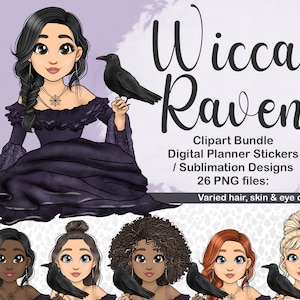 Witchy Wicca Girl with Raven PNG, Halloween Clipart, Witch Woman with Crow, Fall Costume Printable Sticker, Pagan Magic Lady SVG, Storybook