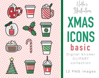 Basic Christmas Icons, Christmas Clipart, Holiday Digital Planner Stickers, Printable Festive Drink Illustrations, Tumbler Sublimation PNG