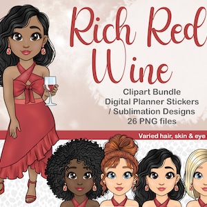 Clipart ragazza festa rossa, PNG di notte delle ragazze del vino, clipart amante del vino, adesivo pianificatore digitale vino rosso, clipart ragazza glamour, Cricut Doll SVG