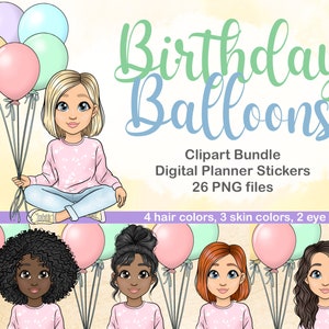 Mädchen mit Ballon Clipart, Party Girl Clipart, ich bin das Geburtstagskind PNG, Geburtstag Ballon Clipart, sofortiger Download, plr digitaler Aufkleber