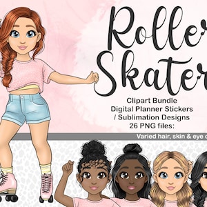 May include: A digital clipart bundle of 26 roller skater illustrations. The illustrations feature girls with varied hair, skin, and eye colors. The girls are wearing pink shirts, blue shorts, and pink roller skates. The text "Roller Skater" is written in a decorative font.