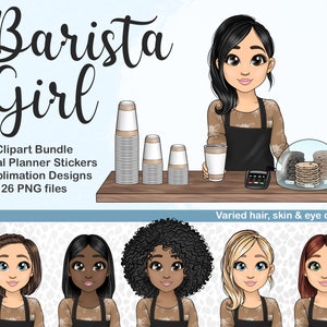 Słodka dziewczyna z kawiarni Barista Clipart, Kawaii Cafe Doll PNG, Hiszpańska dama Naklejka do cyfrowego planera, Piekarnia Cafeteria Mom SVG Sublimacja