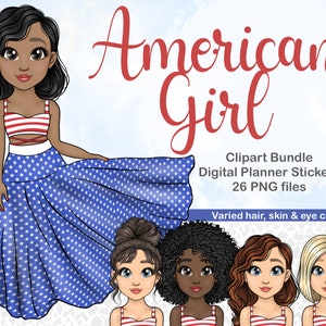 Clipart mignon 4 juillet dessiné à la main, America Girl PNG, 4 juillet svg, autocollant numérique, PNG 4 juillet mignon, drapeau américain