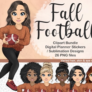 Cute Football Girl PNG, Clipart automne, Digital Planner Rugby Games Illustration, Black Girl Sublimation files, Autumn Bucketlist Activities