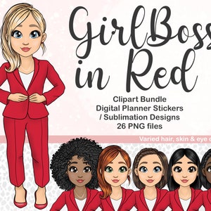 Girl Boss in Red Clipart, Boss Babe in Pak PNG, Vrouwelijke Ondernemer Digital Planner Afdrukbare Sticker, Tumbler Sublimatie, Cricut bestanden