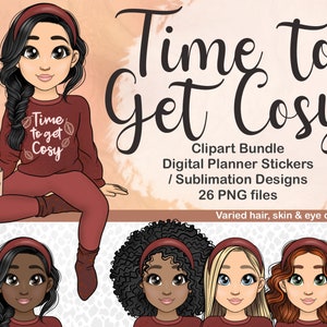 Cosy Fall Girl with Hot Chocolate and Marshmallows Cup Clipart, Mom in Sweatpants PNG, Autumnal Digital Planner Sticker, Fashion Doll SVG