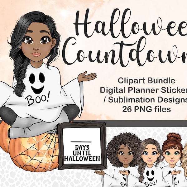 Halloween Countdown Clipart, Cute Ghost Costume Doll PNG, Kawaii Spooky Chibi on Pumpkin, October clipart, Tumbler Sublimation files svg