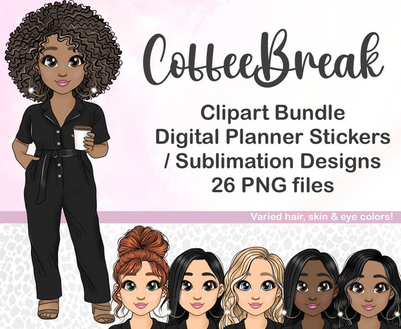 Hand drawn Coffee Woman Clipart, Fashion Girl PNG, Black Clipart, Boss Babe Chibi Sublimation File, Digital Planner Doll, Printable Sticker