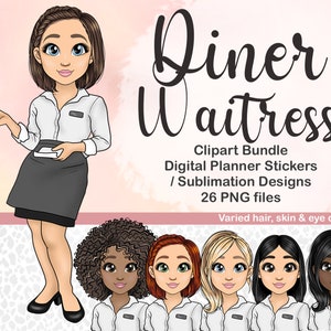 May include: A digital clipart bundle of a diner waitress with varied hair, skin, and eye colors. The bundle includes 26 PNG files for digital planner stickers and sublimation designs.