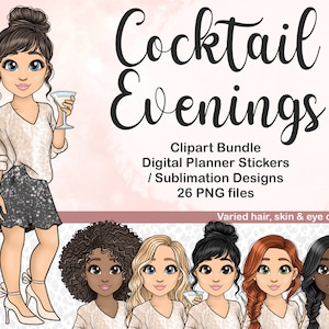 Handgetekende schattige sprankelende glitter trui meisje met cocktail PNG, kawaii oudejaarsavond clipart, viering chibi sublimatiebestand, NYE drankjes