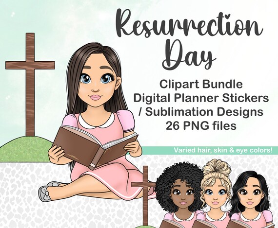 Hand drawn Resurrection Day Clipart, Easter Cross Clipart Bundle, Christian Jesus Bible PNG Sublimation, Digital Planner Doll, Faith Church