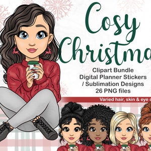Cosy Christmas Girl Clipart, Cute Xmas Doll PNG, Festive Latte Woman Digital Planner Sticker, Comfy Sweater Hispanic Mom, Sublimation SVG