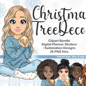 Girl with Xmas Tree Bauble PNG, Süße Weihnachten Clipart, Kawaii Festive Chibi Digital Planner Sticker, Cosy Silhouette Sublimation File SVG