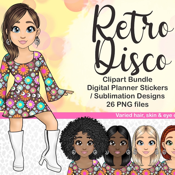 Cute Retro Girl Clipart, 70s Disco Woman PNG, Dancing Vibes Digital Planner Stickers, Children's Sublimation File, PLR Printable Sticker SVG