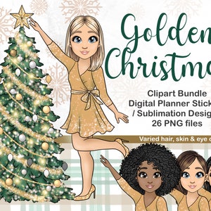 Clipart di decorazioni per l'albero di Natale di ragazza carina disegnata a mano, PNG di bambola di moda di Natale glamour festivo, adesivo per pianificatore digitale Chibi con abito da festa