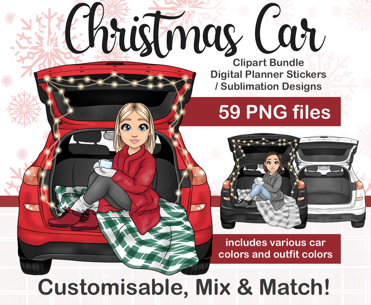 Christmas Car With Fairy Lights Clipart Cosy Xmas Girl PNG Etsy
