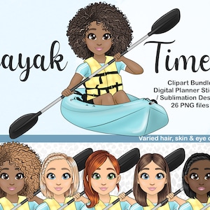 Clipart di ragazza in kayak disegnata a mano, PNG Kawaii Sport Chibi, Adesivo per pianificatore digitale di donna in barca, Ragazza afro in kayak con pedalò, Giel nero