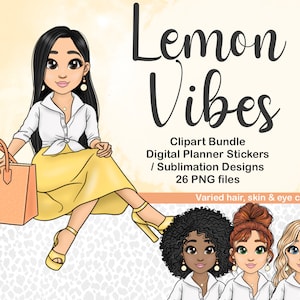 Zomer mode meisje in gele rok clipart, vakantie vrouw PNG, kawaii Chibi pop, digitale planner sticker, zwart meisje clipart sublimatie