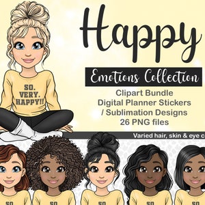 Imágenes prediseñadas de niña feliz, imágenes prediseñadas de sentimientos, pegatinas imprimibles, archivos PNG tuber, imágenes prediseñadas de maestra para niños, PNG de emociones, pegatinas lindas para agenda