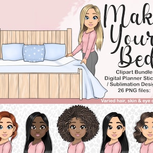 Handgetekende meisje opmaken bed clipart, moeder klusjes digitale planner stickers, organiseren van png, Goodnotes routine herinnering sticker, huishoudelijk werk