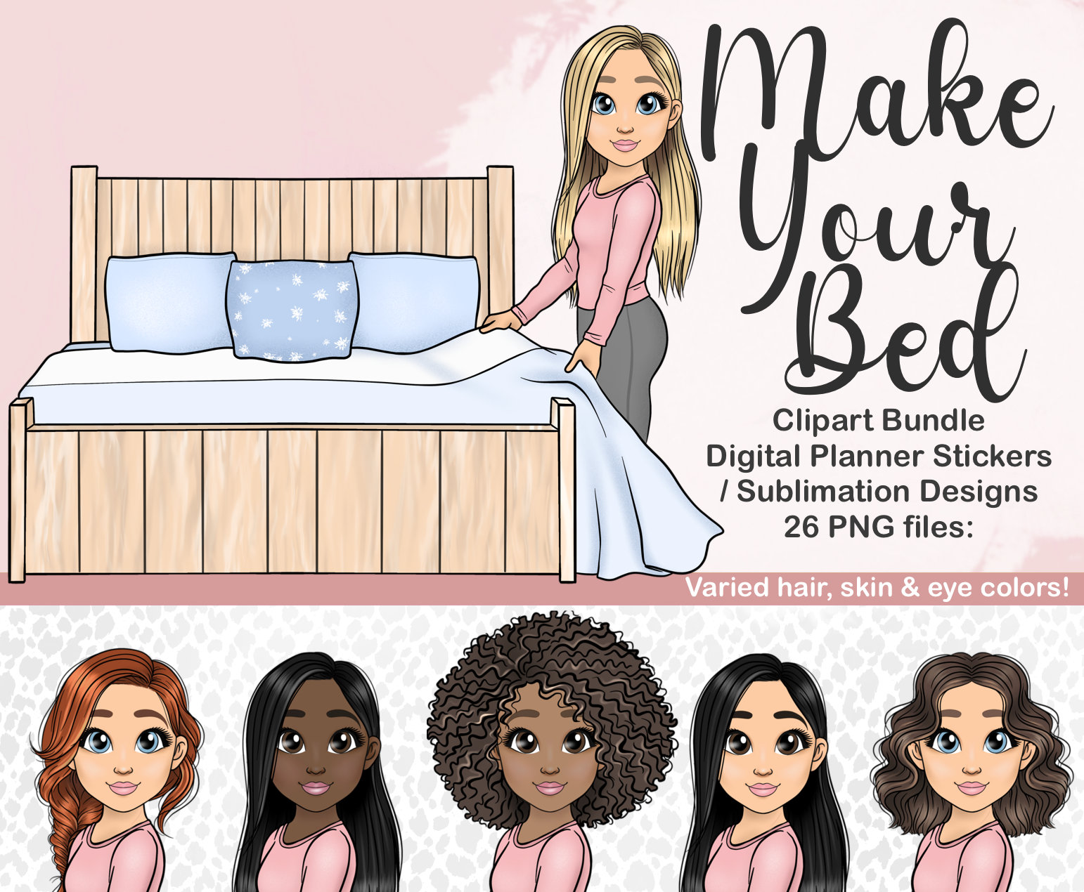 Girl Making Bed Clipart Mom Chores Digital Planner Stickers Etsy