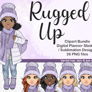 冬のファッションの女の子のクリップアート、紫の心地よいパフィージャケットのちび PNG、クリスマススカーフのデジタルプランナー人形、昇華ファイル、アフロの黒人少女