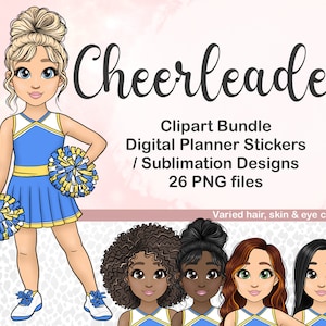 Cheerleader Girl Clipart, Kawaii Cheer Team Chibi con pompones en la escuela secundaria o la universidad PNG, Varsity Sorority Sisters, Digital Planner Doll