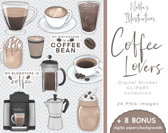 Hand-Drawn Coffee Clipart Stickers, Latte & Espresso (Digital Download)