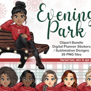 Parkbank mit Lichterkette Weihnachten Clipart Mädchen, Chibi Mode Puppe PNG, digitale Planner Aufkleber, Xmas Sublimation Dateien SVG, Cricut SVG