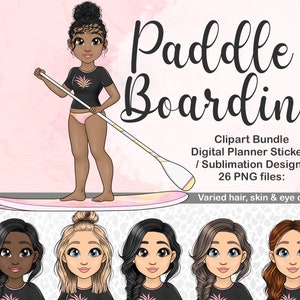 Clipart de menina de paddleboard desenhada à mão, ilustração PNG de paddleboard, esportes aquáticos de verão, clipart afro-americano, clipart de menina negra