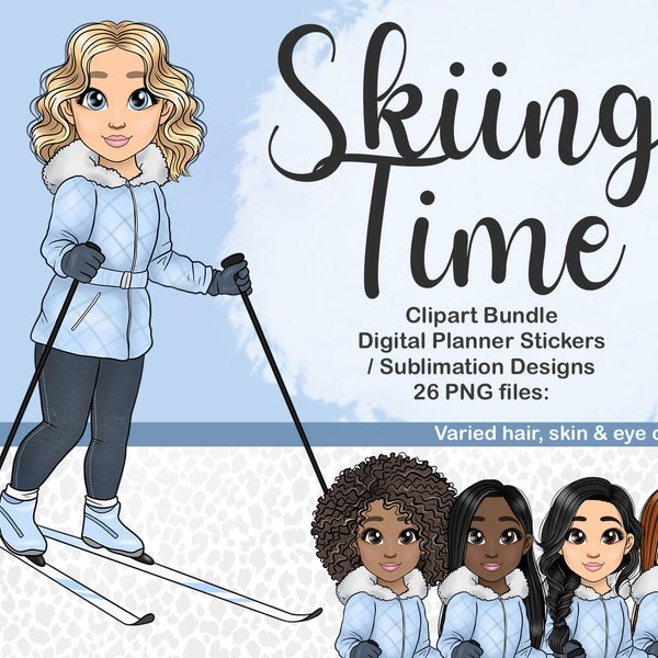 Winter Skiing Girl Clipart, Snow Festive Activities PNG, Cute Christmas Clipart, Kawaii Holiday Sublimation Files, Digital Planner Sticker