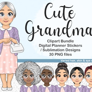 Niedliche Oma Clipart, Oma Chibi PNG, Kawaii alte Frau Silhouette Datei, Hispanic Großeltern, Afro Black Mom druckbare Aufkleber, Menschen svg