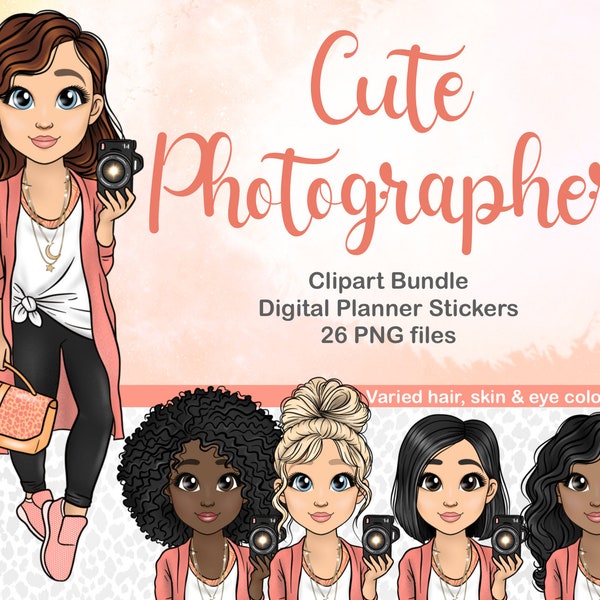 Cute Photographer Girl Clipart / Girl with Camera Clipart / Photographer Doll Avatar svg / Camera Girl Printable Sticker / Afro Girl png