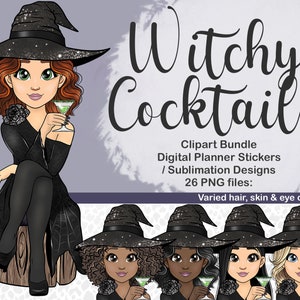 Hand gezeichnete Witchy Cocktail Girl PNG, Halloween Party Clipart, Sublimationsdatei, Verzauberung gruselige druckbare Planer digitale Aufkleber