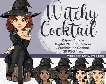 Hand drawn Witchy Cocktail Girl PNG, Halloween Party Clipart, tumbler Sublimation File, Enchantment spooky Printable Planner digital Sticker