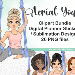Aerial Yoga Clipart, Cute Dancer Girl Digital Planner Doll, Kawaii Chibi Style Hobby Sublimation Files, Cricut Printable Sticker PNG graphic
