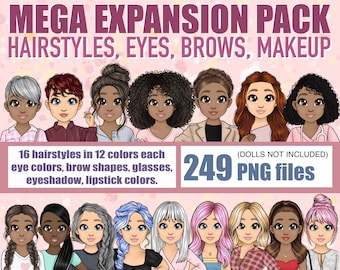 Customisable Hairstyle Clipart Bundle, Hair Digital Planner PNG, Overlay Sublimation Hair Art, Makeup Activity Girl Expansion Pack