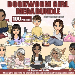 Op de afbeelding: Een digitale illustratieset van 100 PNG-bestanden van meisjes die van lezen houden. De set bevat 10 verschillende stijlen van meisjes, elk met 3 verschillende kapsels. De meisjes lezen allemaal boeken en zijn omringd door stapels boeken. De tekst "BOOKWORM GIRL MEGA BUNDLE" staat bovenaan de afbeelding. De tekst "100 PNG files" staat onder de titel. De tekst "Miscellaneous pack" staat in de rechterbovenhoek van de afbeelding. De tekst "10 Styles of Dolls" staat onderaan de afbeelding. De tekst "3 bald girls per style (to allow hair mix and matching from expander packs!)" staat onder de tekst "10 Styles of Dolls".