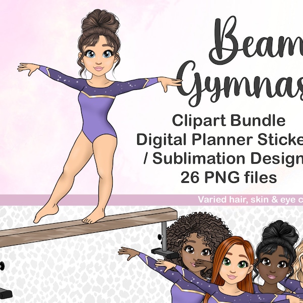 Cute Gymast Girl on a Beam PNG, Kawaii Gymnastics Clipart, Digital Planner Doll, Printable Sticker, Sublimation Files, Sporty Chibi Clipart