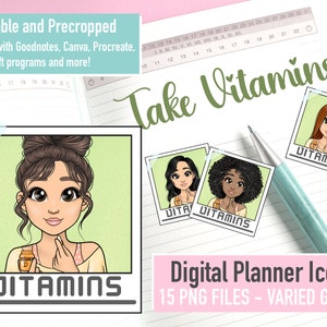 Vitamines Mini planificateur numérique PNG icônes, suppléments Emoticon fille PNG, planificateur imprimable Goodnotes Autocollants hebdomadaires, Clipart sain