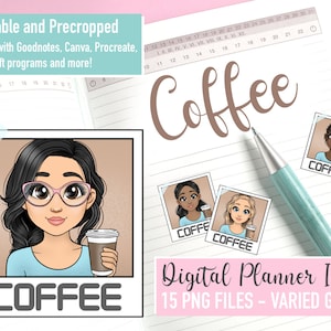 Coffee Mini Digital Planner PNG Icons, Cafe Emoticon Girl PNG fichiers, Printable Planner Goodnotes Weekly Stickers, Takeaway Cup Clipart SVG