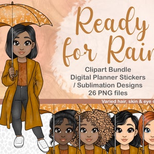 Fille avec parapluie Clipart, pluie chute mode femme PNG, automne SVG, Rainy Day Digital Planner autocollant, météo imprimable Cricut autocollant