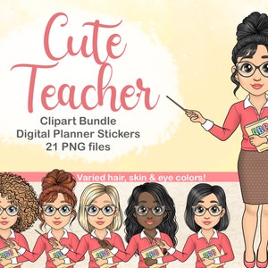 Digital Planner Schulaufkleber / Schul clipart Bundle / Lehrer PNG / Klassenzimmer digitale Sticker / Schule druckbare Clipart / Lehrer Mädchen