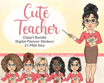 Digital Planner School Sticker / School Clipart Bundle / Teacher PNG / classroom digital stickers / school printable clipart / teacher girl