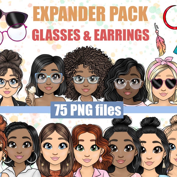 Glasses and Earrings Accessories Expander Pack, Customisable Clipart Bundle, Sublimation PNG, Cute Sunglasses Fashion Girl Digital Stickers