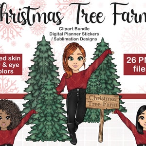 Dessiné à la main des cliparts de fille de ferme arbre de Noël, Noël mode poupée PNG, autocollants de planificateur numérique hiver festif, fichiers pour Sublimation gobelet