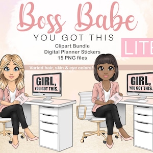 Entrepreneur Fashion Girl SVG / Boss Babe Clipart / African American Girl png / Laptop Woman at Desk digital sticker / Girl Boss Clipart