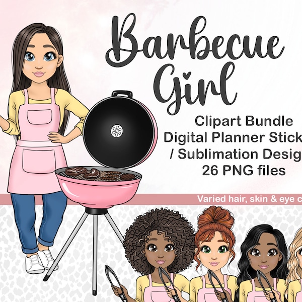 Cute Summer Barbecue Girl Clipart, Kawaii BBQ Garden Party Woman PNG, Cooking Mom Doll, Digital Planner Sticker, Burger and Sausage Clipart